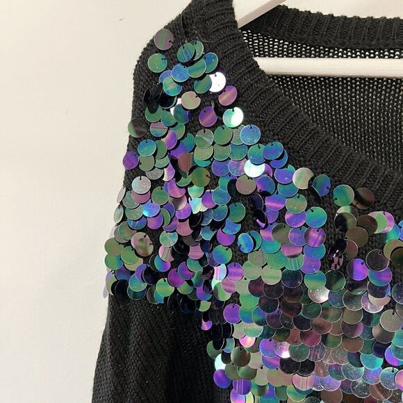 CLEARANCE - MINKPINK Glam Rock Sequin Paillette Oversized Black Knit Sweater - Picture 7 of 7